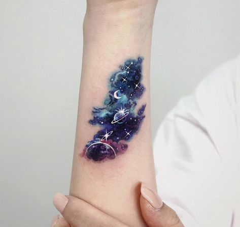 Unique Galaxy Tattoos, Colorful Universe Tattoo, Planet And Galaxy Tattoo, Galaxy Cloud Tattoo, Galaxy Neck Tattoo, Galaxy Moon Tattoo, Watercolor Celestial Tattoo, Space Tattoo Cover Up, Galaxy Tattoos For Women