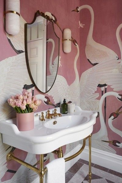 Biscayne Beach House | Powder Room | Kate Walker Design | The English Tapware Company Pink Powder Room, Powder Room Design, Hamptons House, Modern Mirror, Eclectic Interior, Print Wallpaper, Beautiful Bathrooms, Elle Decor, Bathroom Makeover