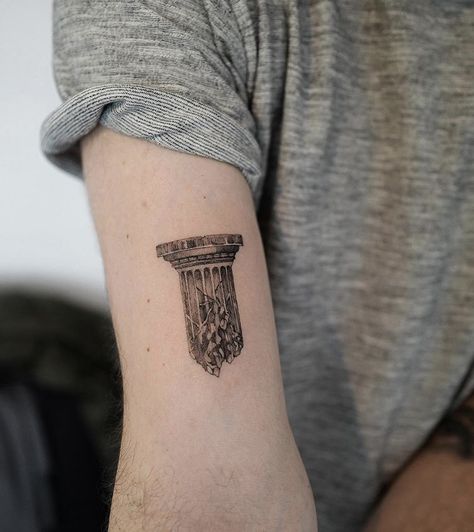 Greek Pillar Tattoo Design, Greek Pilar Tattoo, Greek Columns Tattoo, Greek Temple Tattoo, Greek Pillar Tattoo, Greek Architecture Tattoo, Greek Column Tattoo, Pillar Tattoo, Unique Bee Tattoo