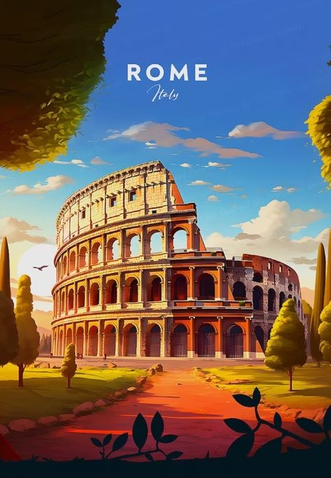 Travel Vintage Poster, Rome Illustration Art, Rome Travel Poster, City Posters Aesthetic, Rome Illustration, Rome Poster, Rome Painting, Travel Collage, Italy Poster