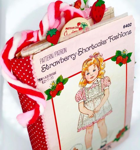 Strawberry Junk Journal, Upcycled Books, Book Journals, Pattern Journal, Upcycle Books, Golden Books, Vintage Strawberry Shortcake, Vintage Strawberry, Punch Board