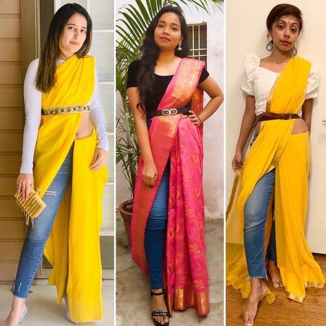 Indowestern Fusion Outfit Ideas, Saree Styles For College, Traditional Fusion Wear, Jeans And Saree Fusion, Jeans Saree Style, Saree Drapping Style Modern Indian, Missmatching Outfits, Mismatch Outfit Ideas Women, Jeans Saree Fusion