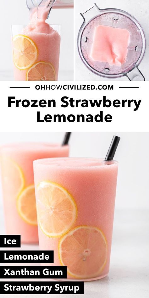 Refreshing and sweet, this frozen strawberry lemonade is the perfect cold treat. See how to make it in 3 minutes in a blender. #strawberrylemonade #lemonade #lemonaderecipes #frozendrinks Strawberry Drink Recipes, Frozen Strawberry Lemonade Recipe, Frozen Strawberry Lemonade, Strawberry Drink, Strawberry Lemonade Recipe, Fun Drink Recipe, Iced Drinks Recipes, Tea Drink Recipes, Frozen Strawberry