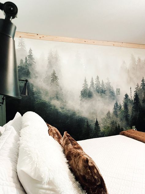 Accent Wall Cabin, Cabin Accent Wall, Mountain Accent Wall, Airbnb Hacks, Cabin Furnishings, Cozy Cabin Interior, Cabin Wallpaper, Mountain Wall Mural, Interior Murals