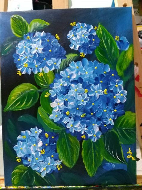 Hydrangea Canvas Painting, Drawing Hydrangea Flower, Flower Paintings Simple, Hydrangea Painting Acrylic, Hydrangeas Painting, Painted Hydrangea, Painting Ideas On Canvas Flowers, Hydrangeas Art, Hydrangea Painting