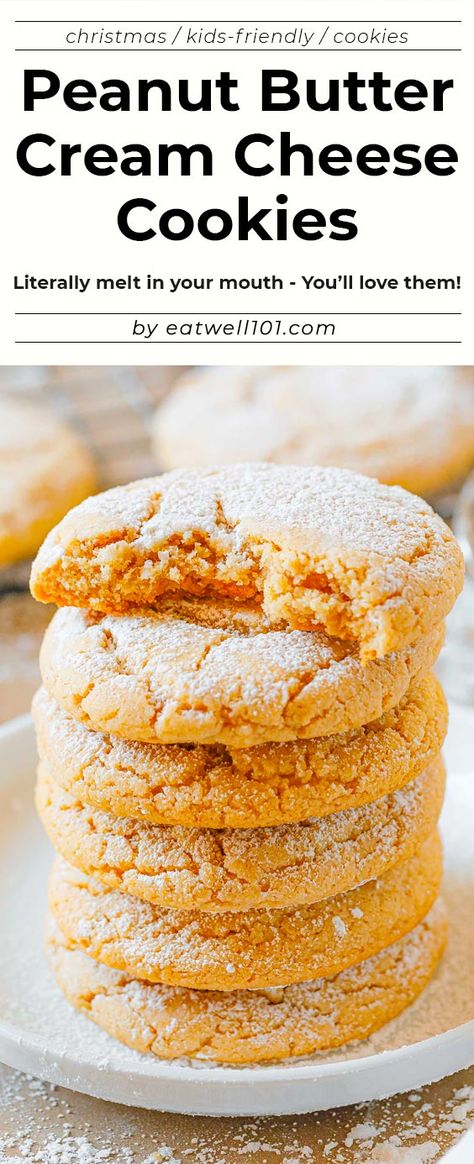 Peanut Butter Cream Cheese Cookies - #cookies #recipe #eatwell101 - These peanut butter cream cheese cookies are crunchy on the outside, soft on the inside, and they literally melt in your mouth! - #recipe by #eatwell101 Peanut Butter Cookies With Cream Cheese, Peanut Butter Cheesecake Cookies, Cookies Using Cream Cheese, Cream Cheese Chips Cookies, Ways To Use Cream Cheese, Peanut Butter Cream Cheese Cookies, Cream Cheese Oatmeal Cookies, Chewy Cream Cheese Cookies, Peanut Butter Cream Cheese Desserts