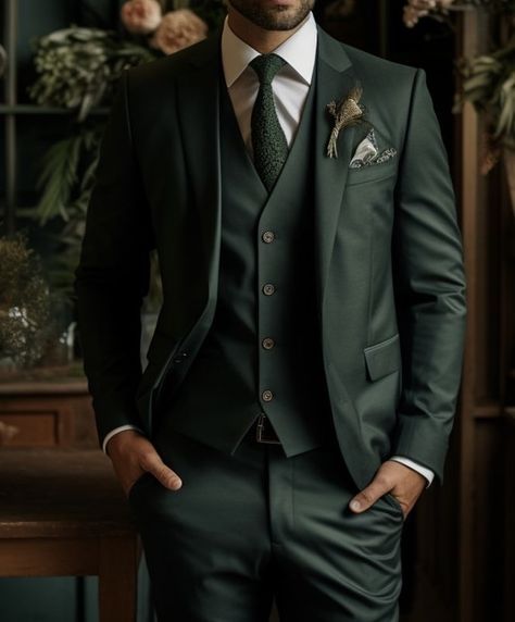 Tux For Wedding Groom Attire, Dark Green Suites Wedding, Dark Green Suits Groomsmen, Green Suit Aesthetic Men, Green Wedding Suits Groom, Black And Green Wedding Suit, Forest Green Suit Wedding, Mens Wedding Tuxedo Ideas, Dark Green Tuxedo Wedding