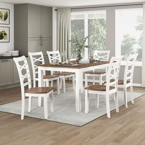 Amazon.com - Lexicon Dining Table Set for 6 with Cross Back Chairs, 7 Piece Farmhouse Kitchen Table Set, Solid Wood Dining Room Table and Chairs Set of 6 for Home, Dining Room, Kitchen, Cherry/White - Table & Chair Sets Dining Table Set For 6, Dining Room Table And Chairs, Farmhouse Kitchen Table, Wood Dining Room Table, Small Dining Area, Farmhouse Kitchen Tables, Crossback Chairs, Dining Room Table Set, Wood Room