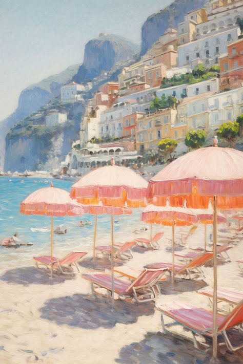 A summer day under the umbrellas and cliffs of the Amalfi Coast beaches in Italy. Beaches In Italy, Amalfi Coast Beaches, Italy Beaches, Aesthetic Coastal, Italy Landscape, Print Aesthetic, Retro Beach, Amalfi Coast Italy, Italy Aesthetic