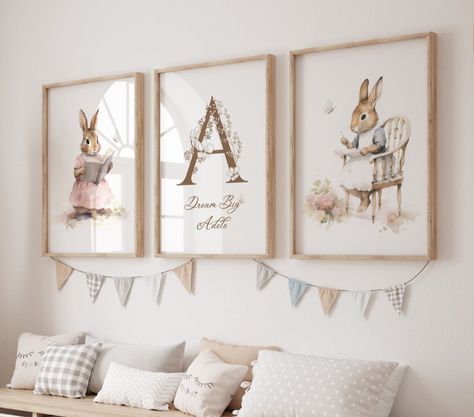 Baby Room Wall Art Girl, Baby Girl Nursery Bunny Theme, Bunny Themed Nursery, Baby Girl Nursery Bunny, Baby Girl Nusery, Bunny Nursery Theme, Baby Room Paintings, Kids Bedroom Organization, Baby Room Wall Art