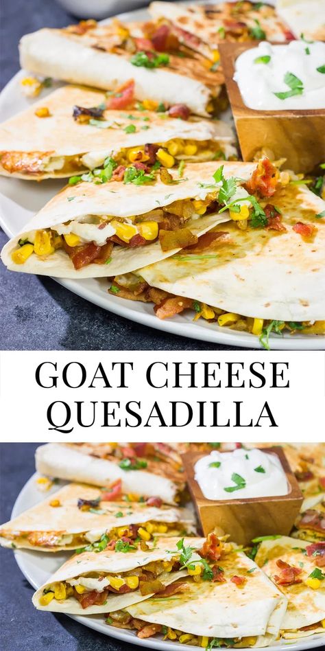 Looking for a fun way to mix up quesadilla night? Put these Goat Cheese and Green Chile Quesadillas on the menu! (Pssst - there's bacon involved!) Goats Cheese Flatbread, Cheese Quesadillas, Green Chili Sauce, Goat Cheese Pizza, Pulled Pork Leftovers, Bite Size Food, Creamy Pasta Dishes, Goat Cheese Recipes, Cheese Quesadilla