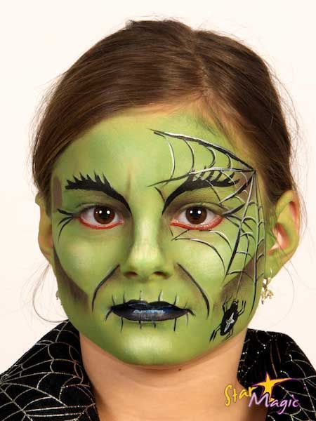 witch's face with spider web Spider Witch Makeup, Witch Face Paint, Face Painting Halloween Kids, Facepaint Halloween, Green Face Paint, Maquillage Halloween Simple, Halloween Makeup Witch, Adult Face Painting, Halloween Face Painting