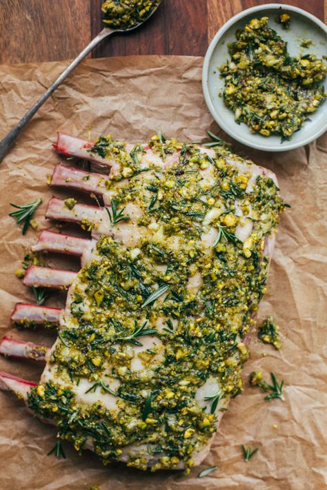 Rosemary Garlic and Pistachio Crusted Rack Of Lamb Recipe- Indian Simmer Pistachio Lamb Rack, Pistachio Crusted Rack Of Lamb, Rack Lamb Recipes, Roasted Rack Of Lamb Recipes, Christmas Rack Of Lamb, Rack Of Lamb Recipes Oven, Indian Lamb Recipes, Lamb Recipes Indian, Pistachio Crusted Lamb