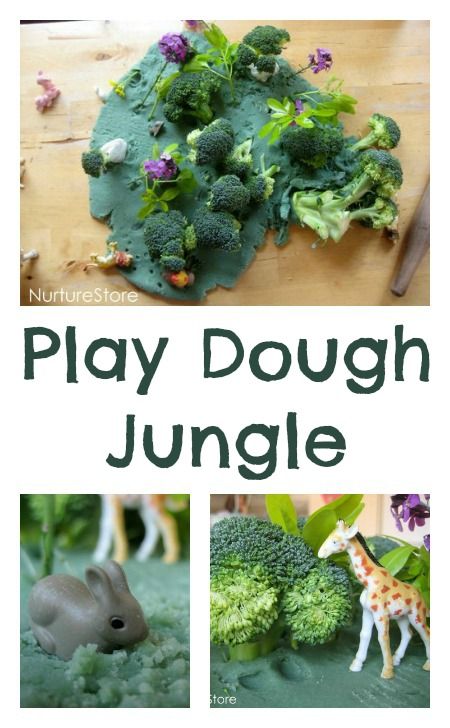 Jungle small world :: play dough fun On offer today we had some homemade green play dough, some leaves and flowers picked from the garden, and a few stalks of broccoli. What could we make? Jungle Small World, Babyroom Girl, Preschool Jungle, Jungle Activities, Dough Ideas, Jungle Thema, Dear Zoo, Tuff Spot, Eyfs Activities