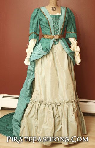 Gowns fer Ladies, Wenches N Women Pirates – Pirate Fashions Green Silk Gown, Women Pirates, 1600 Fashion, 17th Century Fashion, Pirate Fashion, Period Clothing, Period Outfit, Old Dresses, Antique Dress