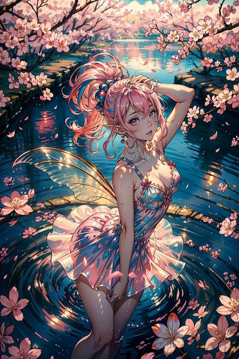 Fairy Necromancer, Anime Fairy Aesthetic, Anime Fairy Art, Fairy Elf Aesthetic, Mystical Fairies, Fae People, Aesthetic Cherry Blossom, Fairy Anime, Elf Aesthetic