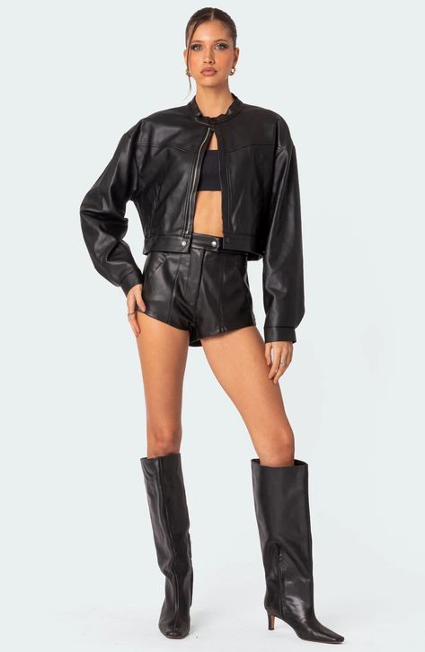 EDIKTED Ramona Crop Faux Leather Jacket | Nordstrom Leather Shorts Outfit, Cropped Faux Leather Jacket, Micro Shorts, Faux Leather Shorts, Nashville Outfits, Black Faux Leather Jacket, Cropped Leather Jacket, Swimwear Dress, Active Leggings