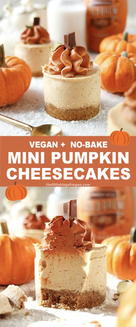 mini pumpkin cheesecake pinterest pin Pumpkin Cheesecake Dairy Free, Vegan Mabon Recipes, Yummy Vegan Desserts, Pumpkin Cheesecake Puff Pastry, Vegan Desserts Fall, Backing Ideas Fall, Vegan Pumpkin Cheesecake, Vegan Cheescake, Thanksgiving Desserts Vegan