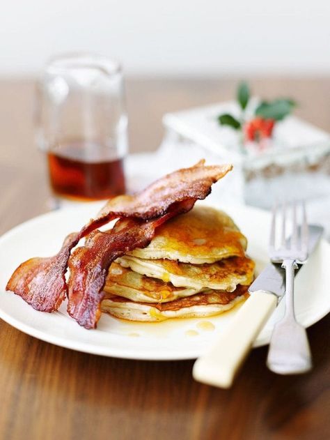 Celebrating Pancake Day? Whip up this American-style pancake recipe for brunch, lunch or a decadent dinner. Breakfast Casserole Christmas, Pancakes With Bacon, Bacon Pancake, Rachel Allen, Maple Syrup Recipes, Pancakes And Bacon, Overnight Oat, Delicious Magazine, Syrup Recipe