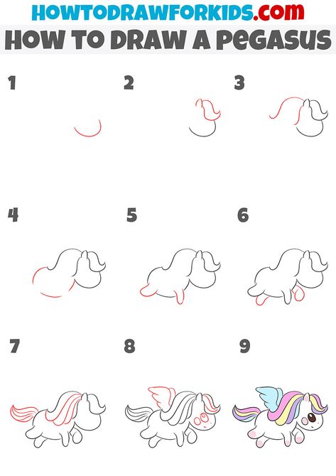 How To Draw Pegasus, Pegasus Drawing Easy, How To Draw A Unicorn Step By Step, Pegasus Drawing, Sketching Lessons, Drawing Worksheets, Drawing Cartoon Faces, How To Draw Steps, Drawing Tutorials For Kids