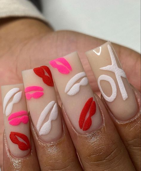 Valentines Day Nails Lips, Lip Nail Designs Kiss, Lip Nails, Beige Nail Art, Lips Nail Art, Beige Nails Design, Vday Nails, Kiss Nails, Valentine Nails