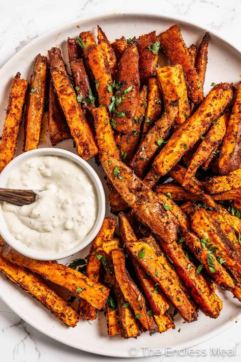 These Cajun sweet potato fries are covered in tasty Cajun spices that are smoky and a little spicy and baked to perfection and then served with an easy-to-make blue cheese dip. #theendlessmeal #fries Potato Meal Recipes, Sweet Potato Meal Recipes, Sweet Potato Fries Seasoning, Vegan Sweet Potato Recipes, Paleo Sweet Potato Casserole, Spicy Sweet Potato Fries, Good Sweet Potato Recipe, Sweet Potato Carrot Soup, Cajun Spices