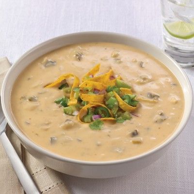 Campbell’s® Reserve Frozen Ready to Eat Roasted Poblano and White Cheddar Soup with Tomatillos - Campbells Food Service Poblano Pepper Soup, White Cheddar Soup, Tomatillo Soup, Frozen Soup, Shrimp Linguini, Poblano Soup, Poblano Chili, Roasted Poblano, Poblano Pepper