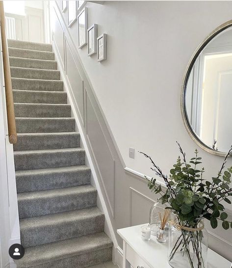 Wall Paneling Hall And Stairs, Wall Pannel Ideas Staircase, Hall Stairs And Landing Panelling, Hall Panelling Ideas, Panelled Hallways, Hallway Ideas Grey, Staircase Colour Ideas, Staircase Paneling Ideas, Hall Stairs And Landing Ideas