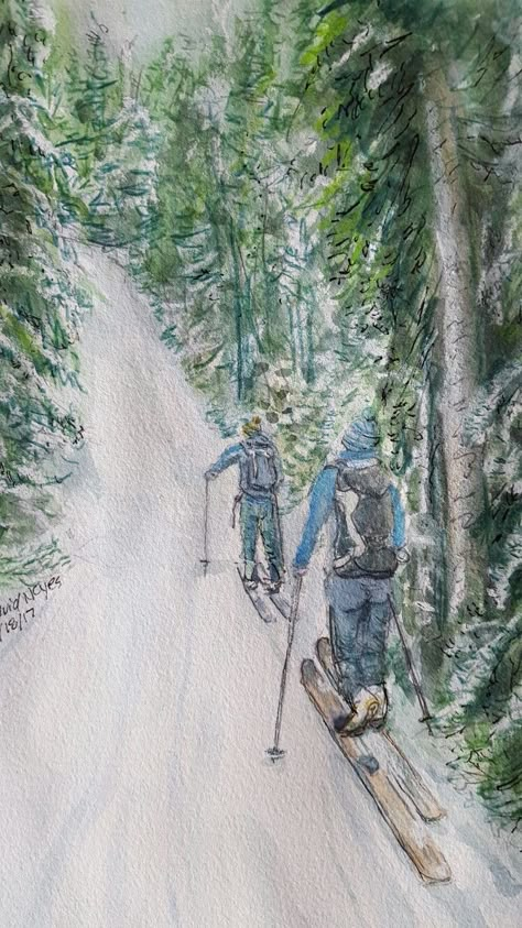 Cross Country Skiing Illustration, Skiing Drawing, Ski Drawing, Dorm Pictures, Skiing Art, Sports Drawings, Watercolor Wave, Cross Country Skier, Ski Art