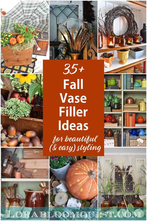 These 35+ Fall vase filler ideas will make your autumn decorating beautiful and easy. From foraged natural materials to purchased vintage and new items, great bowl fillers for Fall decor. Fall Glass Vase Filler Ideas, Decorative Vase Filler Ideas, Glass Jar Filler Ideas, Large Glass Vase Filler Ideas, Fall Vase Filler Ideas, Glass Vase Filler Ideas, Jar Filler Ideas, Fall Vase Filler, Tattoo Filler Ideas