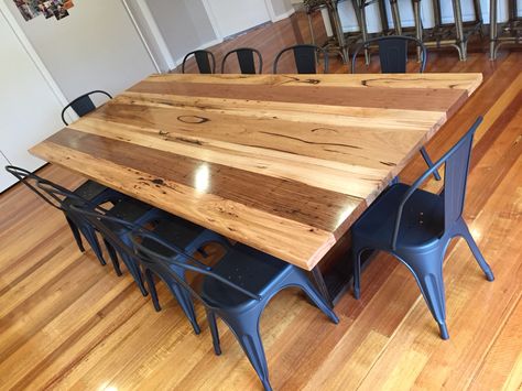 Mixed recycled hardwood timber dining table with black stained legs #qualityhardwoodfurniture #recycledtimberdiningtable Hardwood Dining Table, Timber Dining Table, Metal Table Base, Hardwood Furniture, Black Stains, Metal Table, Table Base, Dining Tables, Kitchens