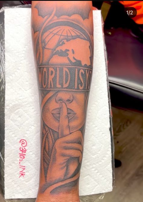 Road To Riches Tattoo, Inner Forearm Tattoo Men, The World Is Yours Tattoo, Calf Sleeve Tattoo, Black People Tattoos, Arm Tattoos Black, Arm Tattoos For Guys Forearm, Tattoos Forearm, Black Men Tattoos