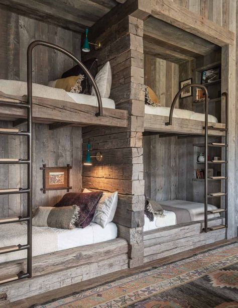 Inside a rustic Montana home surrounded by breathtaking mountain views Bunk Room Ideas, Bunk Bed Rooms, Bunk Beds Built In, Montana Homes, Built In Bunks, Bunk Rooms, Cabin Interiors, Bunk House, Cabin Design