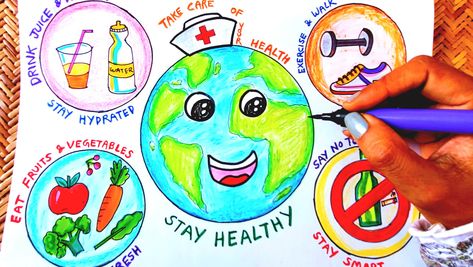 Health drawing, Healthy lifestyle drawing, Say No to Smoking and Alcohol, East healthy food Environmental Health Poster, Healthy Environment Drawing, Health Is Wealth Drawing, Health Is Wealth Poster Drawing, Consumer Health Poster, Poster Making About Health, Good Health And Well Being Poster, World Health Day Drawing, World Earth Day Drawing