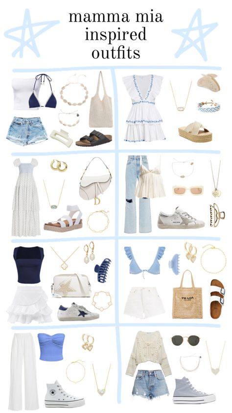 Greek Style Dress Summer Outfits, Momma Mia Theme Party Outfits, Mama Mia Birthday Theme Outfit, Blue And White Outfit Ideas For Party, Sophie Mama Mia Outfits, Mamma Mia Themed Outfits, Greek Style Outfit, Sophie Mamma Mia Outfits, Mama Mia Party Outfit