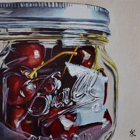 Photorealistic Paintings, Painting Jars, Food Paintings, Inside Art, Gcse Art Sketchbook, Reflection Art, Ball Jar, Painting Reference, Glass Photography