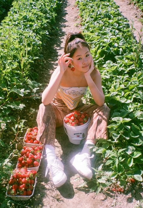 Picking Strawberries Outfit, Strawberry Field Outfit, Strawberry Feild Pic, Strawberry Farm Photo Shoot, Strawberry Patch Outfit Ideas, Holding Strawberry Reference, Outfits For Strawberry Picking, Cherry Picking Photoshoot, Fruit Picking Photoshoot