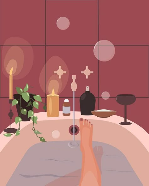 Young woman takes a bath and drinks wine. Home Relax concept. Flat vector illustration Relaxing Illustration, Relax Illustration, Bath Illustration, Bathtub Art, Bath Tea Bags, Night Illustration, Spiritual Bath, Water Illustration, Bath Tea