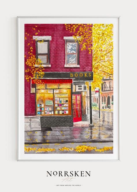 Bookshop Painting, Storefront Illustration, Bookworm Art, Cityscape Illustration, New York Wall Art, New York Painting, Colour Painting, Shop Illustration, Cityscape Art