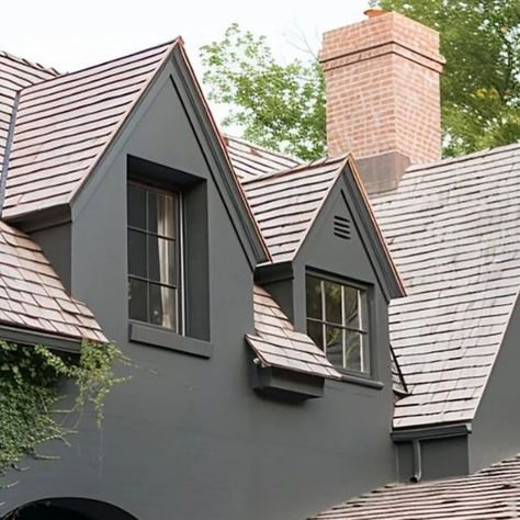 Dark Stucco Exterior, Dark Grey Stucco, Green Trim Exterior, Dark Stucco Exterior House, Grey Stucco House, Cream House Exterior, Stucco Exterior House, Grey Stucco, Dark Green Trim