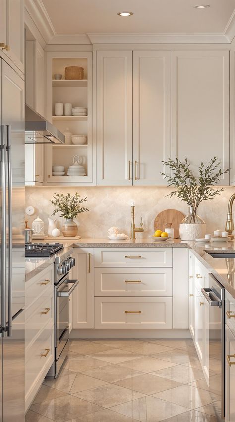 Coastal Kitchen Designs 2025 Kitchen Inspiration, Beach House Small Kitchen, Cream Kitchen Ideas Modern, Soft White Cabinets Kitchen, Elegant Coastal Kitchen, White Cabinets Cream Walls, Natural Tone Kitchen, Light Cream Kitchen Cabinets, Beige Quartz Countertops Kitchen