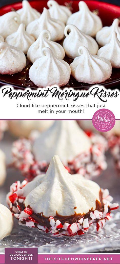 These Peppermint Meringue Kisses are cloud-like treats that melt in your mouth with a slightly crisp outer shell, a slightly chewy center, and chocolate candycane dipped bottom easy meringue cookies, melt in your mouth meringue, chocolate dipped, candycanes, candycane cookies, peppermint cookies, uses for egg whites, holiday cookies Uses For Egg Whites, Peppermint Meringue, Easy Meringue Cookies, Cookies Peppermint, Peppermint Meringues, Bark Recipes, Xmas Images, Christmas Eats, Meringue Desserts