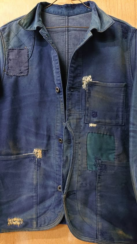 Japanese Workwear Vintage, Different Fades, Japanese Denim Jacket, Japanese Workwear, Denim Repair, Workwear Vintage, Denim Workwear, Visible Mending, Repair Clothes