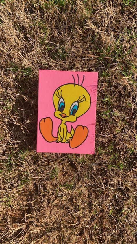 Tweety Painting On Canvas, Tweety Bird Canvas Painting, Easy Trippy Drawing Ideas, Trippy Aesthetic Paintings Canvases, Simple Cartoon Paintings On Canvas, Cool Easy Paintings On Canvas Trippy, Tweety Bird Painting, 90s Painting Ideas, Cartoon Paintings Easy