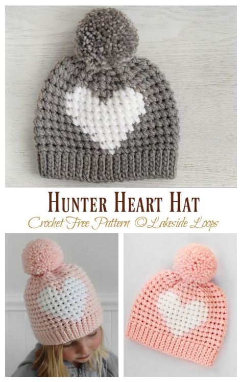 Hunter Heart Hat Crochet Free Pattern Toddler Hat Crochet, Easy Crochet Gifts, Cap Design Ideas, Hat Crochet Patterns, Winter Hat Crochet Pattern, Valentine Hats, Crochet Stocking, Hat Patterns Free, Crocheted Hats