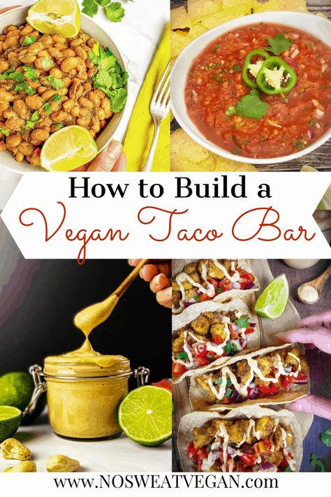 Vegan Mexican Recipes & Taco Bar Building a vegan taco bar is a fun and easy way to please a variety of palates. Not only are they great for dinner parties where not everyone is vegan, but they're also perfect for sharing with kids or picky eaters. Just whip up a few salsas, toppings, and proteins, set them out, and let everyone build their own tacos. Vegan Taco Bar Ideas, Vegan Taco Bar, Taco Bar Recipes, Taco Bar Ideas, Taco Wedding, Queso Tacos, Vegan Entertaining, Vegan Mexican Food, Veg Tacos