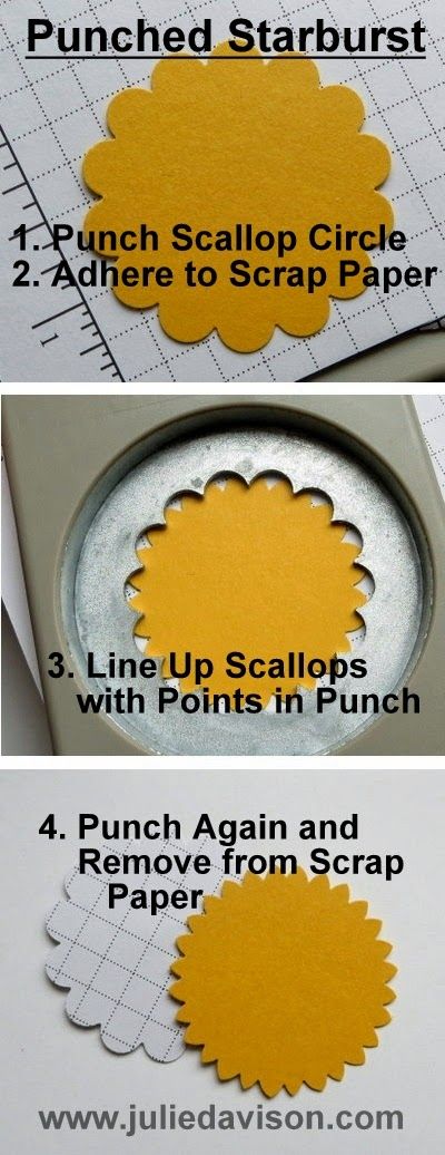 How to create starburst using a Scallop Circle Punch #stampinup www.juliedavison.com Stampin Up Punches List Of, Holiday Around The World, Scrapbook Punches, Paper Punch Art, Online Message, Punch Art Cards, Punch Ideas, Paper Craft Techniques, Paper Punches