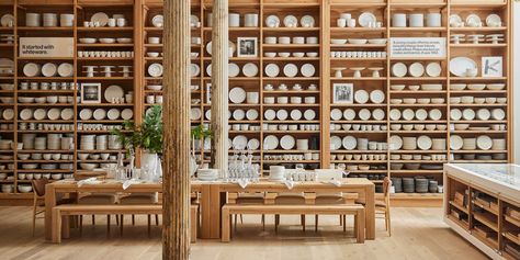 Crate & Barrel’s New Flagship Store Elevates the In-Store Experience - Dwell Boutique Layout, Iconic Armchairs, Mobile Chandelier, Rustic Loft, Visual Merchandising Displays, Retail Ideas, Glass Staircase, Gorgeous Tile, Diy Arrangements