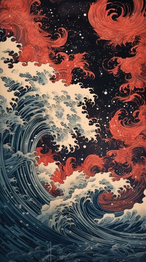 Japanese Clouds, Japanese Water Wallpaper, Japanese Wave Wallpaper, Japanese Ocean Wallpaper, Waves Japanese Art, Japan Cloud Art, Japanese Waves, Clouds Pattern, Wood Block Printing