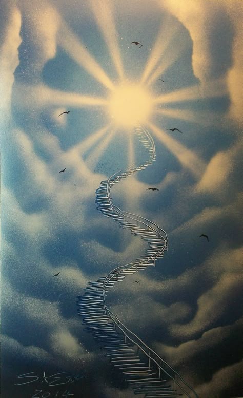 Stairway To Heaven Painting, Numb Lyrics, Heaven Artwork, Tattoos For Siblings, Matching Tattoos For Siblings, Heaven Painting, Sky Tattoos, Stairs To Heaven, Heaven Tattoos